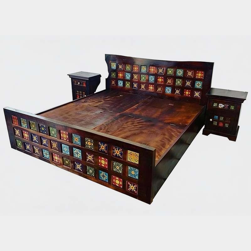 Antique Vintage Mosaic Tile Wooden Bed