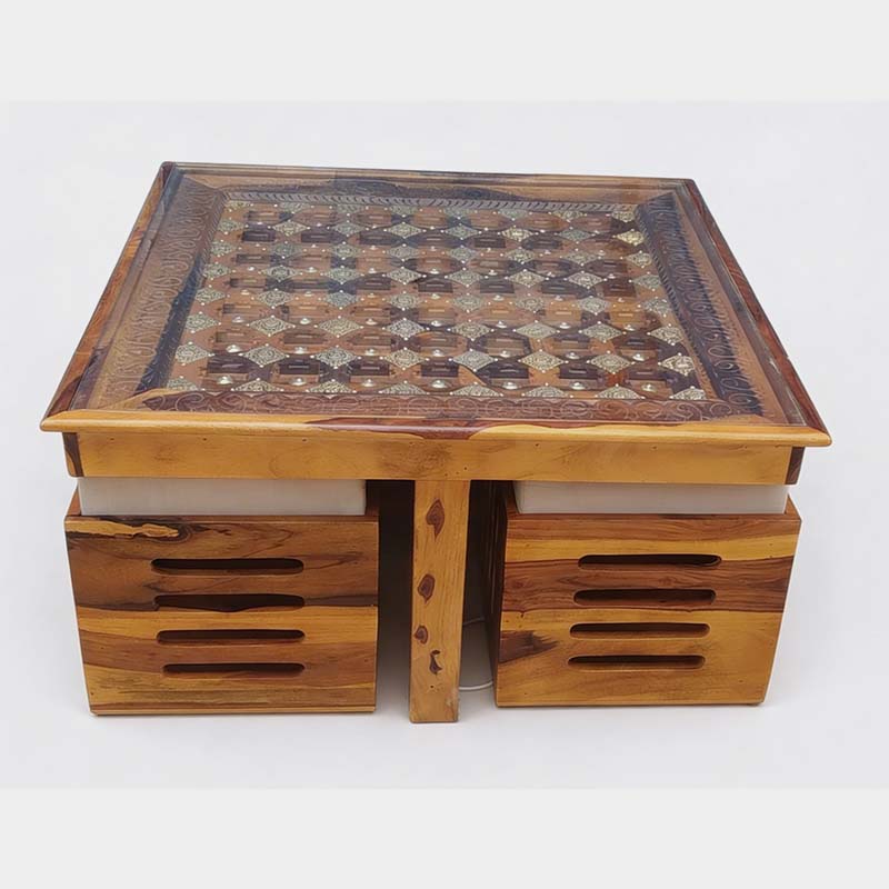 Antique Wooden Center Table with 4 Stools – Vintage Sheesham Furniture Set